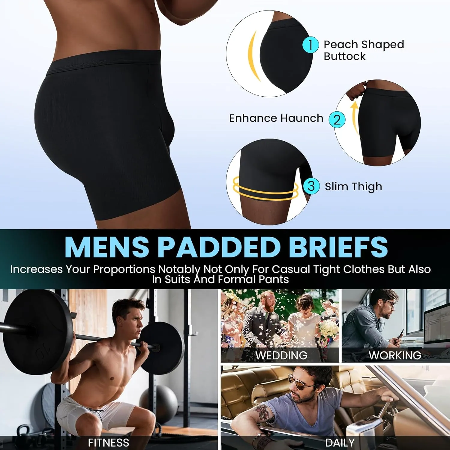 Men's Padded Underwear Boxer Briefs Tummy Control Body Shaper Shapewear Enhance Butt Lifter