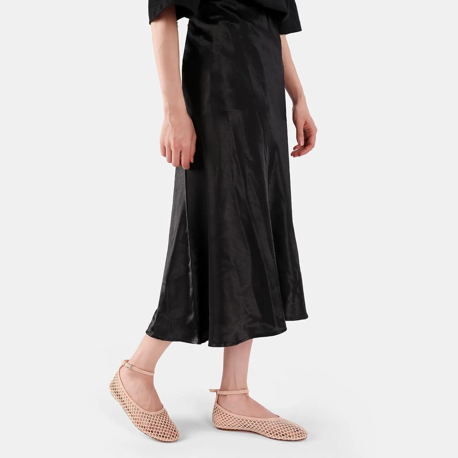 Mesh Ballet Flats for Women Metal Buckle Mary Jane Flats Comfortable Dressy Ballerina Fishnet Shoes with Ankle Bracelet