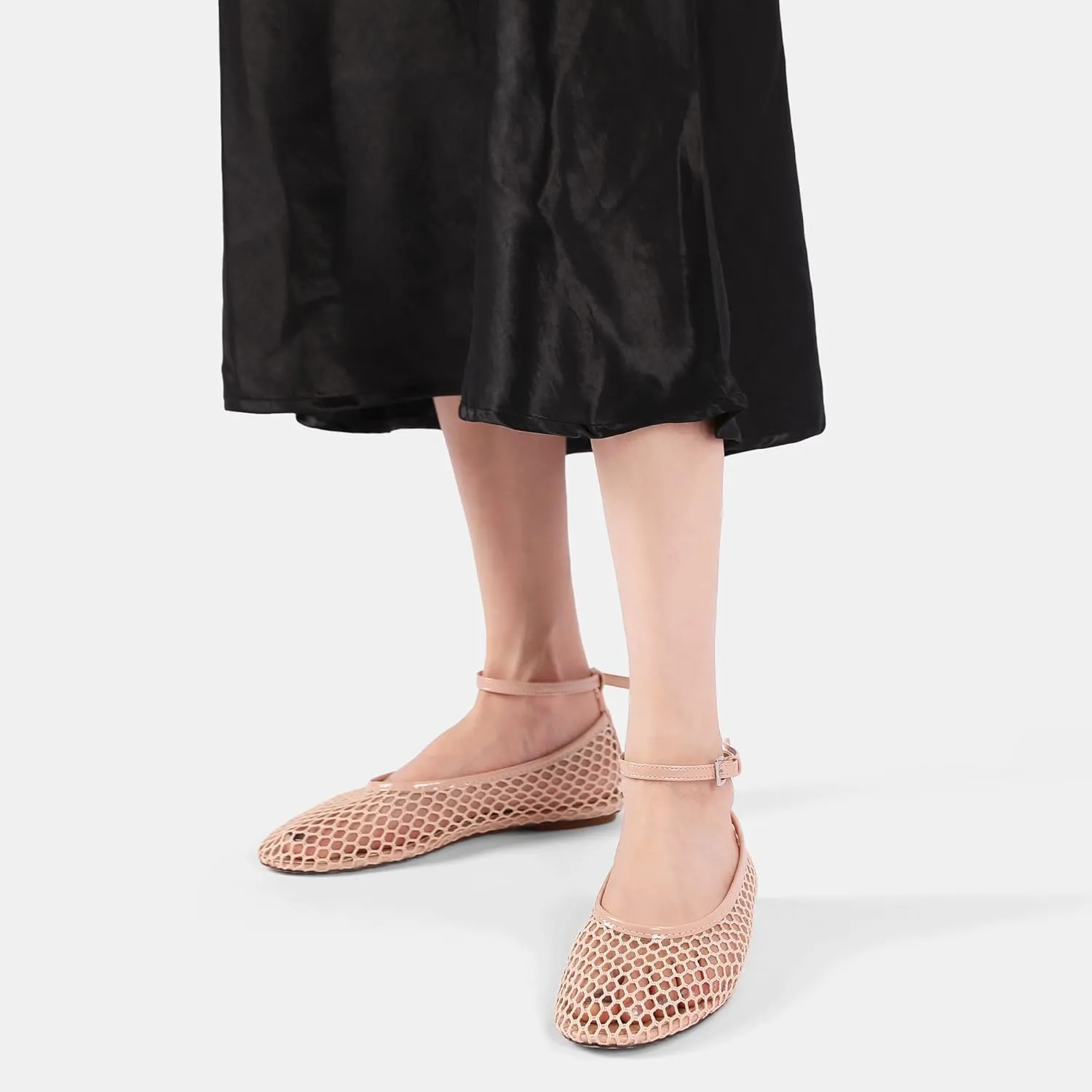 Mesh Ballet Flats for Women Metal Buckle Mary Jane Flats Comfortable Dressy Ballerina Fishnet Shoes with Ankle Bracelet