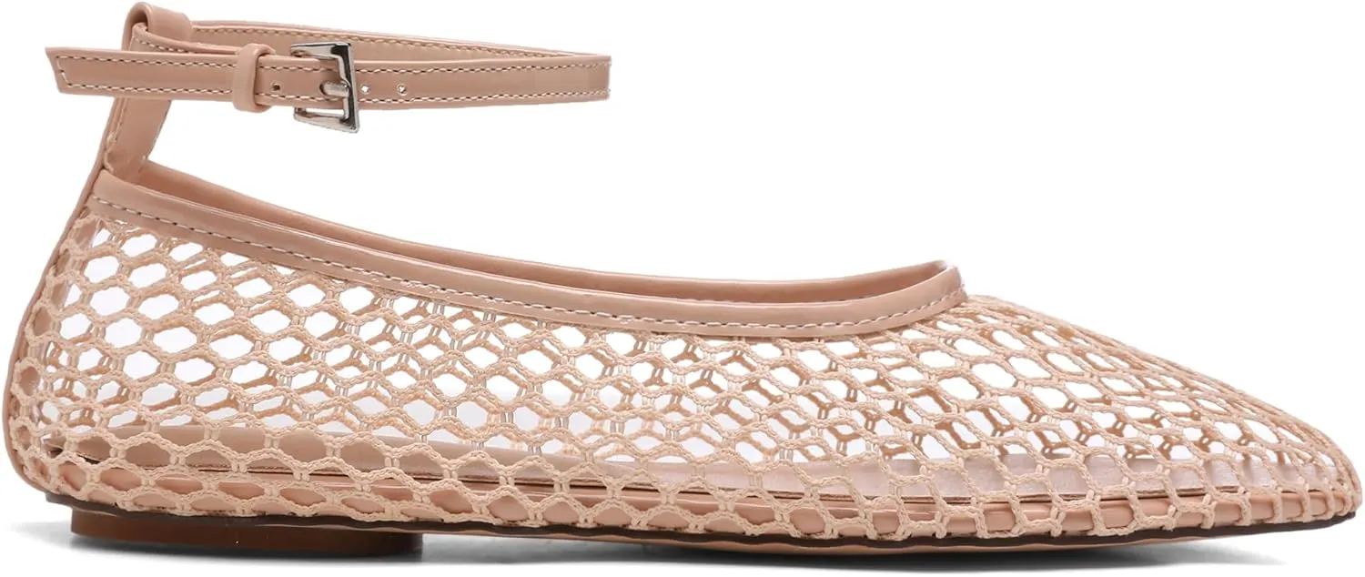 Mesh Ballet Flats for Women Metal Buckle Mary Jane Flats Comfortable Dressy Ballerina Fishnet Shoes with Ankle Bracelet