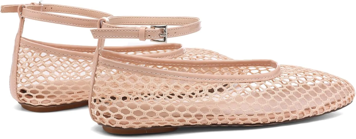 Mesh Ballet Flats for Women Metal Buckle Mary Jane Flats Comfortable Dressy Ballerina Fishnet Shoes with Ankle Bracelet