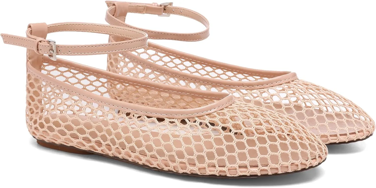 Mesh Ballet Flats for Women Metal Buckle Mary Jane Flats Comfortable Dressy Ballerina Fishnet Shoes with Ankle Bracelet