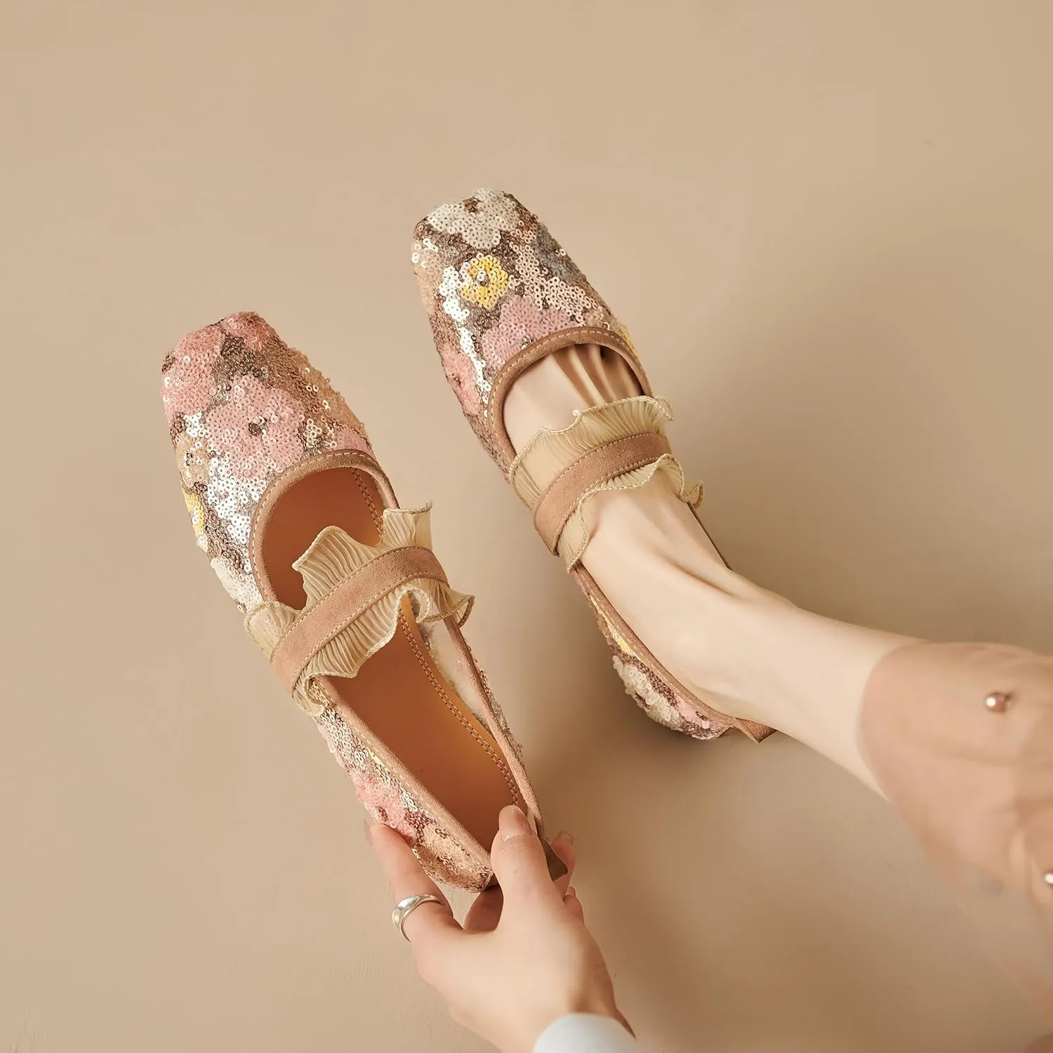 Mesh Mary Jane Ballet Flats Women Sequins Flower Square Toe Flats Ladies Comfortable Embroidered Slip on Soft Ballerina Shoes