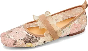 Mesh Mary Jane Ballet Flats Women Sequins Flower Square Toe Flats Ladies Comfortable Embroidered Slip on Soft Ballerina Shoes