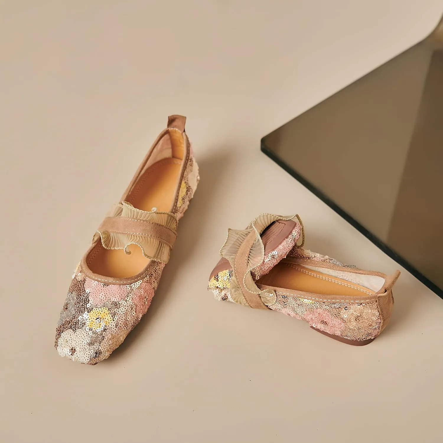 Mesh Mary Jane Ballet Flats Women Sequins Flower Square Toe Flats Ladies Comfortable Embroidered Slip on Soft Ballerina Shoes