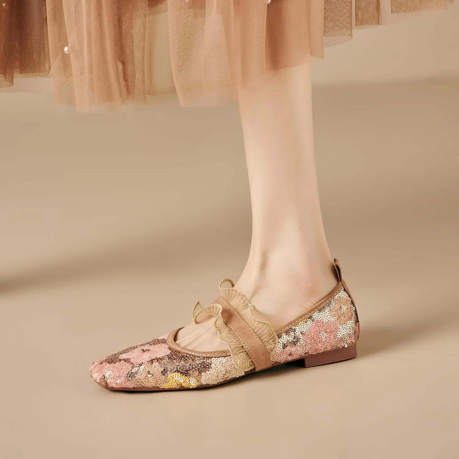 Mesh Mary Jane Ballet Flats Women Sequins Flower Square Toe Flats Ladies Comfortable Embroidered Slip on Soft Ballerina Shoes