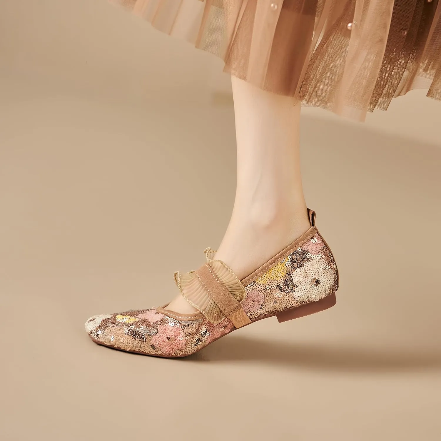 Mesh Mary Jane Ballet Flats Women Sequins Flower Square Toe Flats Ladies Comfortable Embroidered Slip on Soft Ballerina Shoes