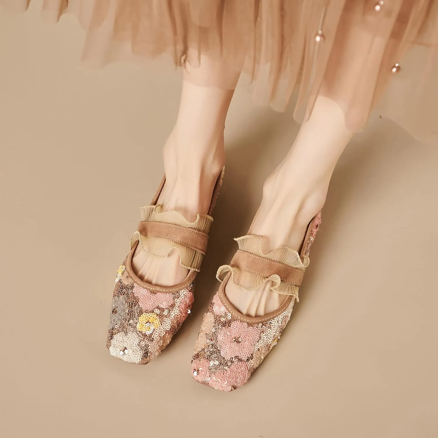 Mesh Mary Jane Ballet Flats Women Sequins Flower Square Toe Flats Ladies Comfortable Embroidered Slip on Soft Ballerina Shoes