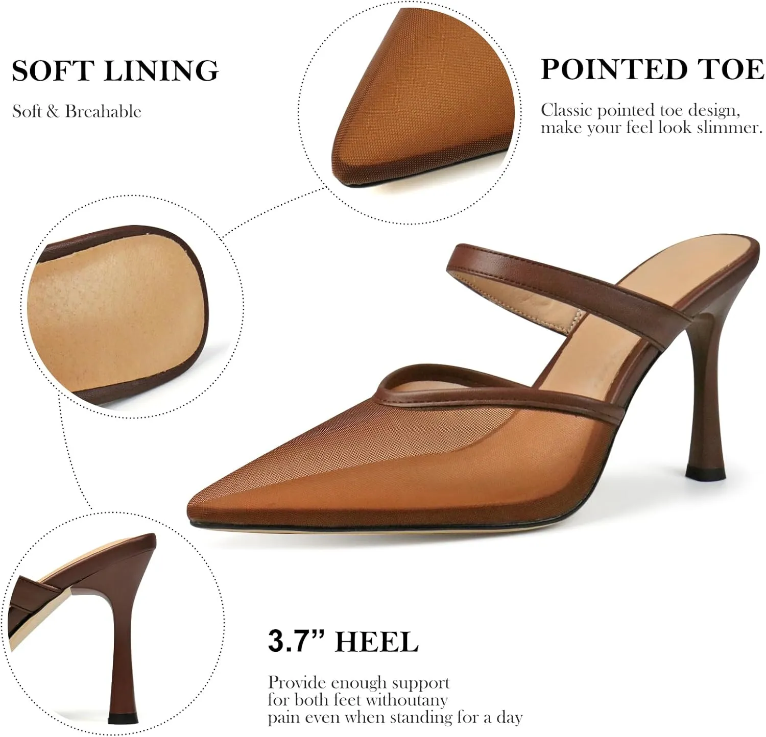 Mesh Pointed Toe Mule Heels for Women Slip On Kitten Heels Sandals Closed Toe Dress Pumps