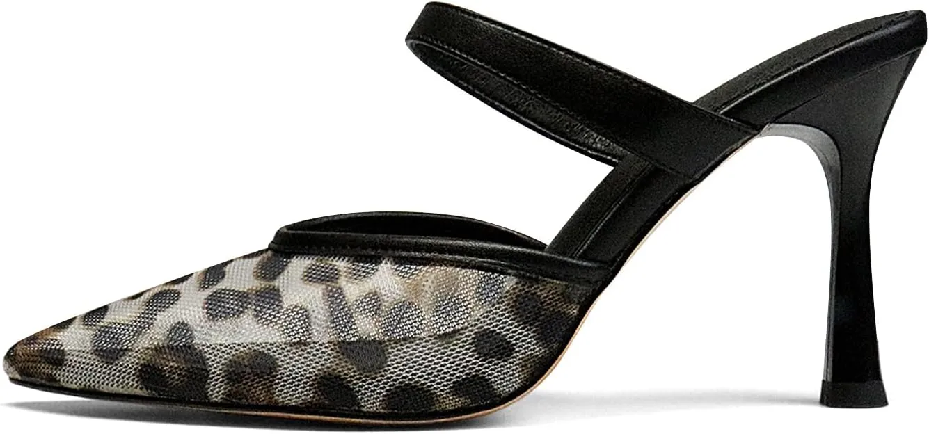 Mesh Pointed Toe Mule Heels for Women Slip On Kitten Heels Sandals Closed Toe Dress Pumps