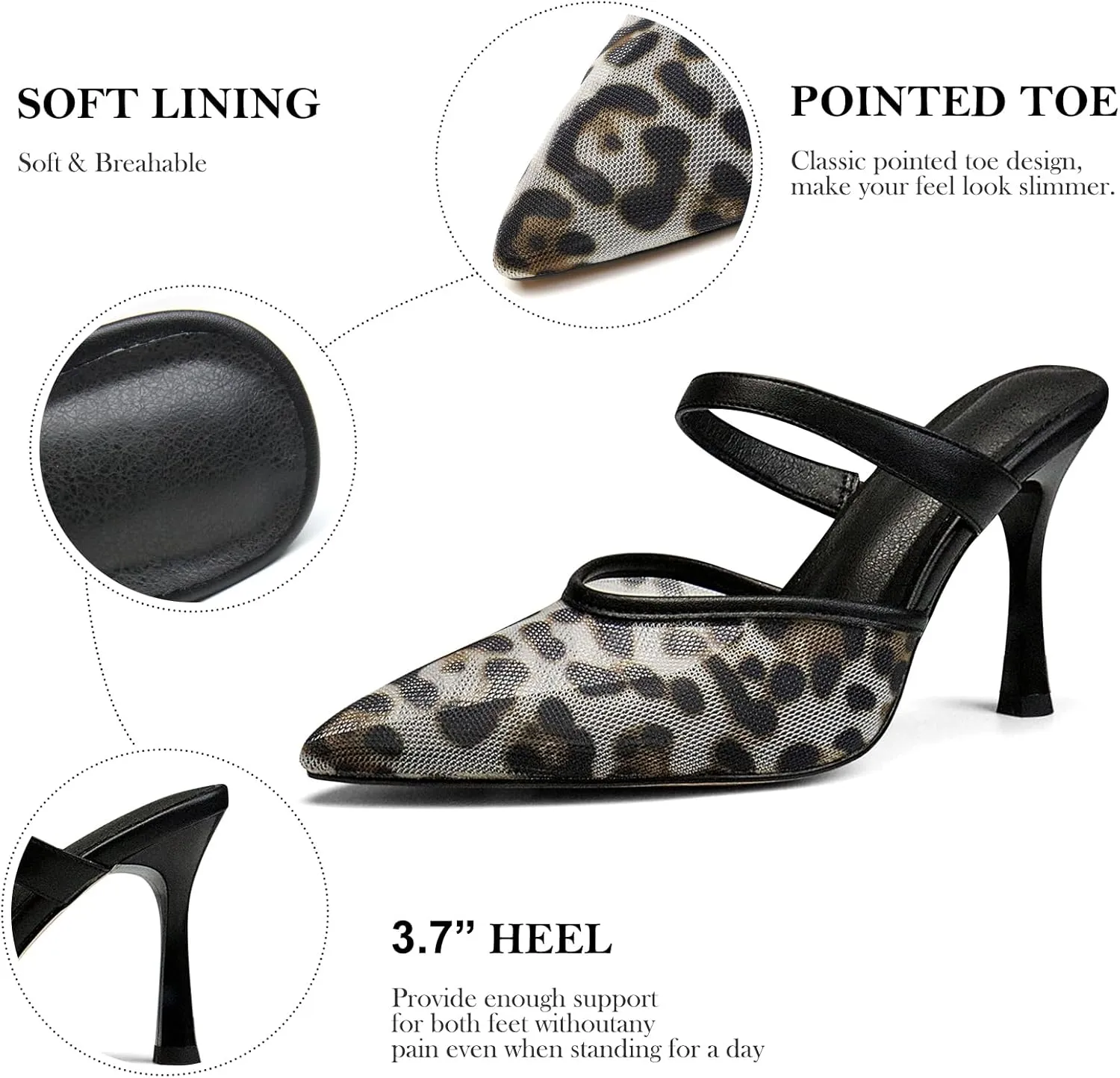 Mesh Pointed Toe Mule Heels for Women Slip On Kitten Heels Sandals Closed Toe Dress Pumps
