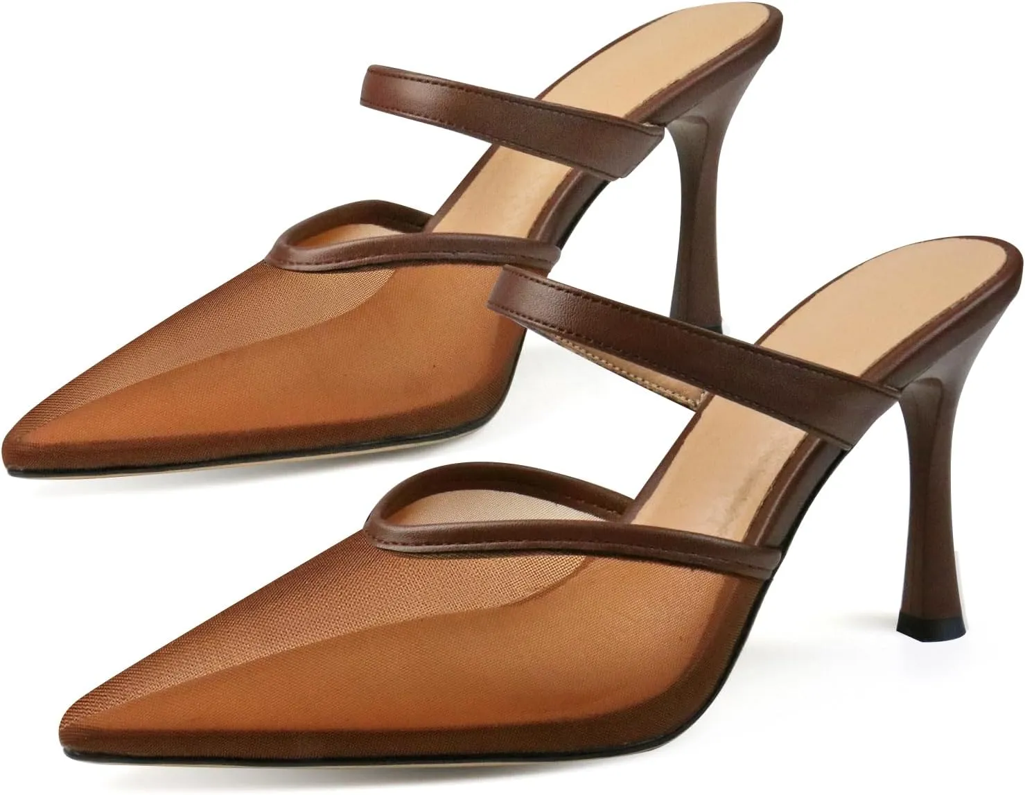 Mesh Pointed Toe Mule Heels for Women Slip On Kitten Heels Sandals Closed Toe Dress Pumps