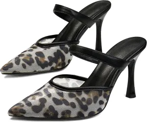 Mesh Pointed Toe Mule Heels for Women Slip On Kitten Heels Sandals Closed Toe Dress Pumps