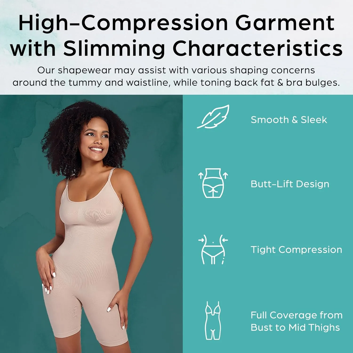 Mid Thigh Shapewear Bodysuit for Women, Waist Trainer Tummy Control Full Body Shaper, Round Neck Butt Lifter