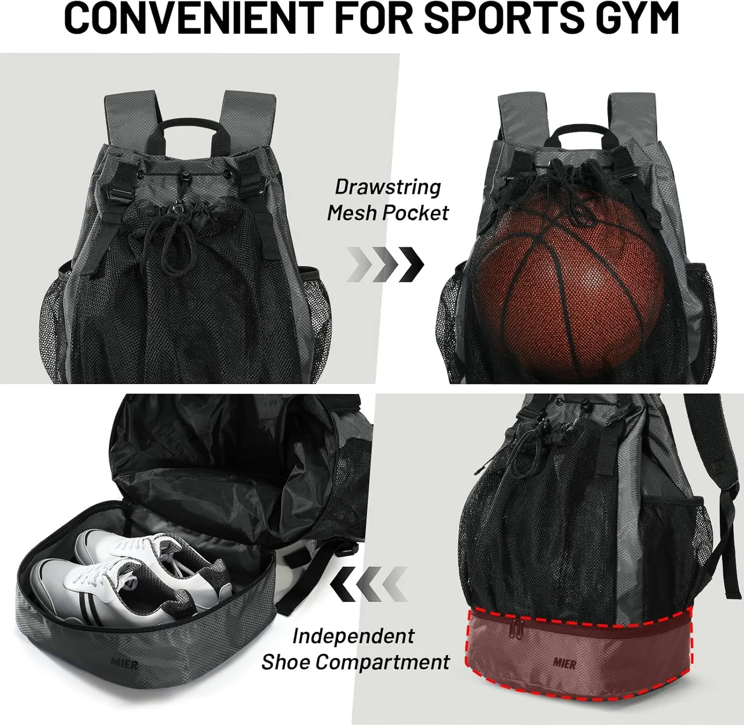 MIER Drawstring Basketball Backpack Soccer Bag with Shoe Compartment & Mesh Pocket Sports Gym String Backpack for Women Men, Lightweight