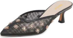 miss left Women Chic Flower Decor Fine Mesh Slip on Mules Pointed Toe Kitten Low Heel Casual Daily Slide Sandals Size 4-16 US