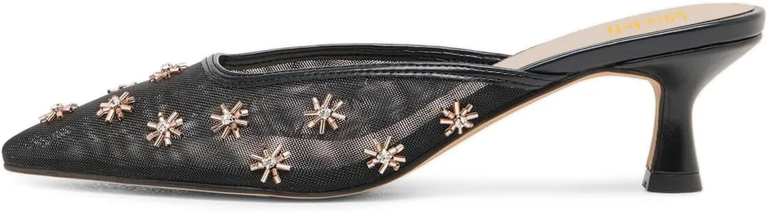 miss left Women Chic Flower Decor Fine Mesh Slip on Mules Pointed Toe Kitten Low Heel Casual Daily Slide Sandals Size 4-16 US