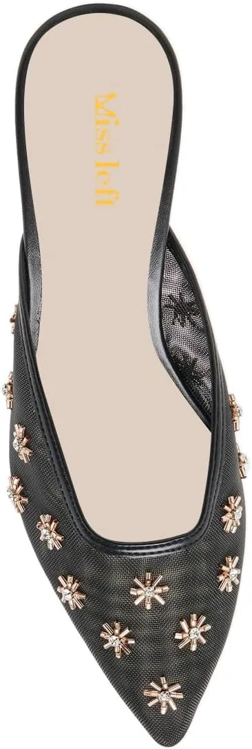 miss left Women Chic Flower Decor Fine Mesh Slip on Mules Pointed Toe Kitten Low Heel Casual Daily Slide Sandals Size 4-16 US