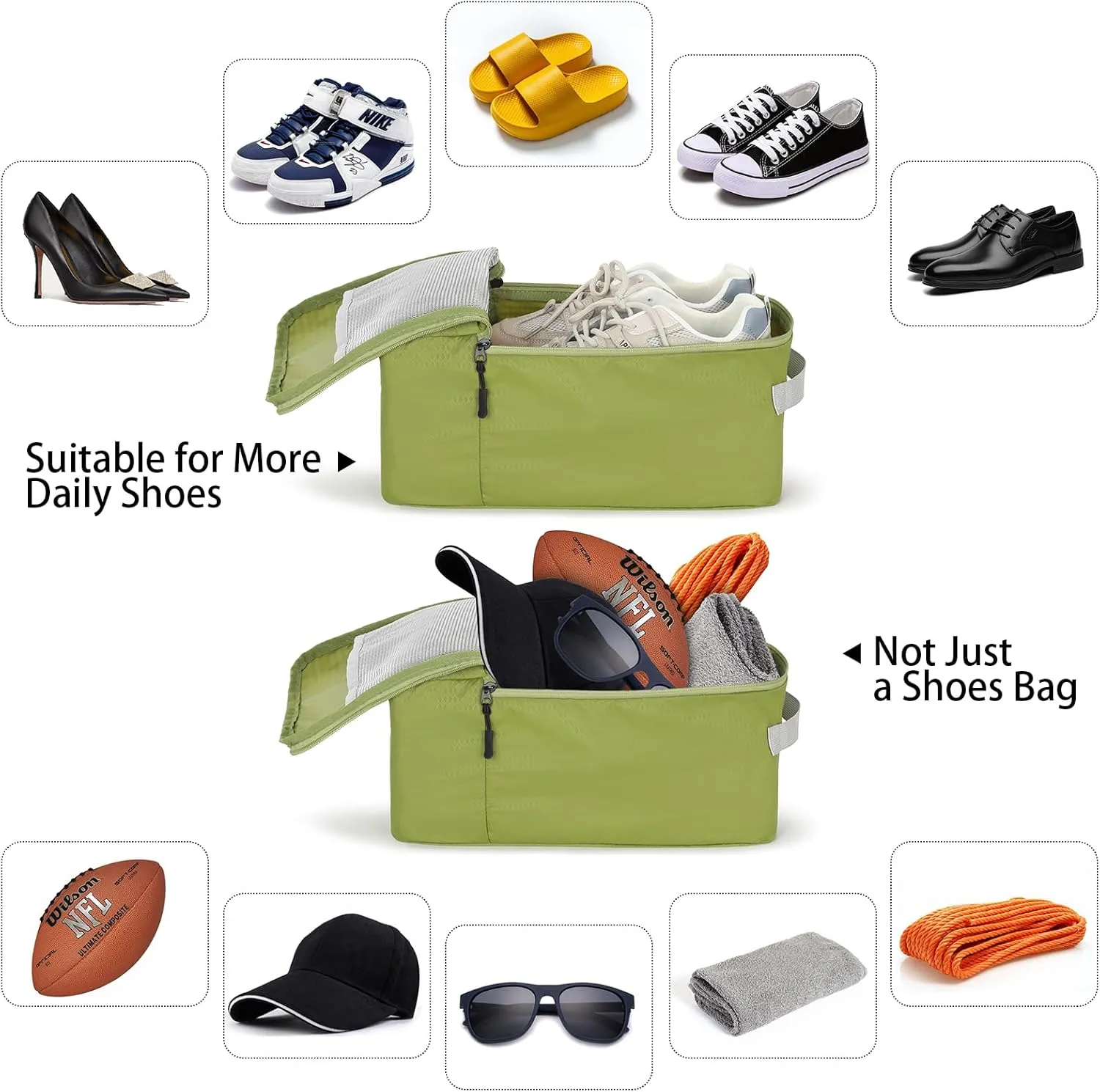 MissBoy Travel Shoe Bags, Set of 2 (Large Small) Water Resistant Shoe Bag with Zipper & Handle, Foldable Shoe Storage Organizer for Men and Women - Green