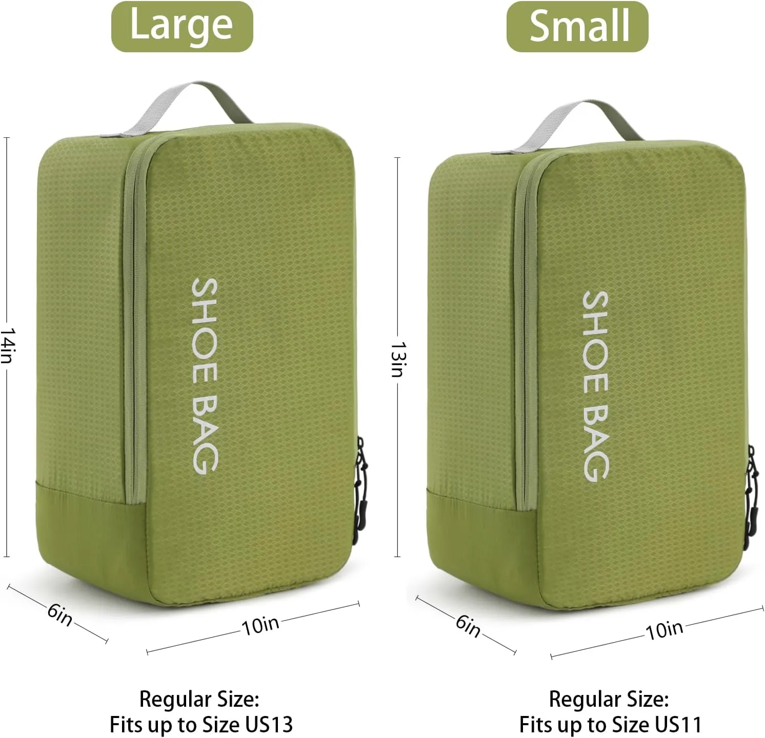 MissBoy Travel Shoe Bags, Set of 2 (Large Small) Water Resistant Shoe Bag with Zipper & Handle, Foldable Shoe Storage Organizer for Men and Women - Green