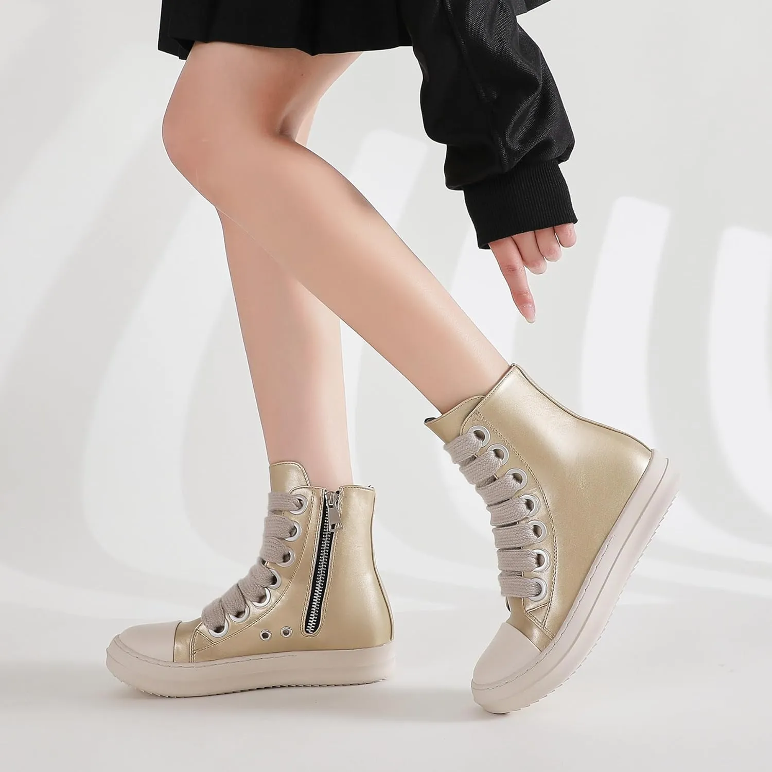 MOFEEDOUKA Womens High Top Sneakers Thick Shoe Laces PU Leather Comfort Platform Walking Shoes with Zipper