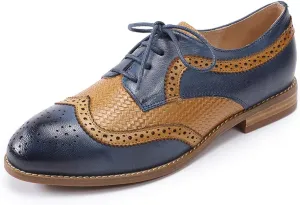 Mona flying Leather Flat Oxfords for Women Lace up Brogue Wingtips for Ladies