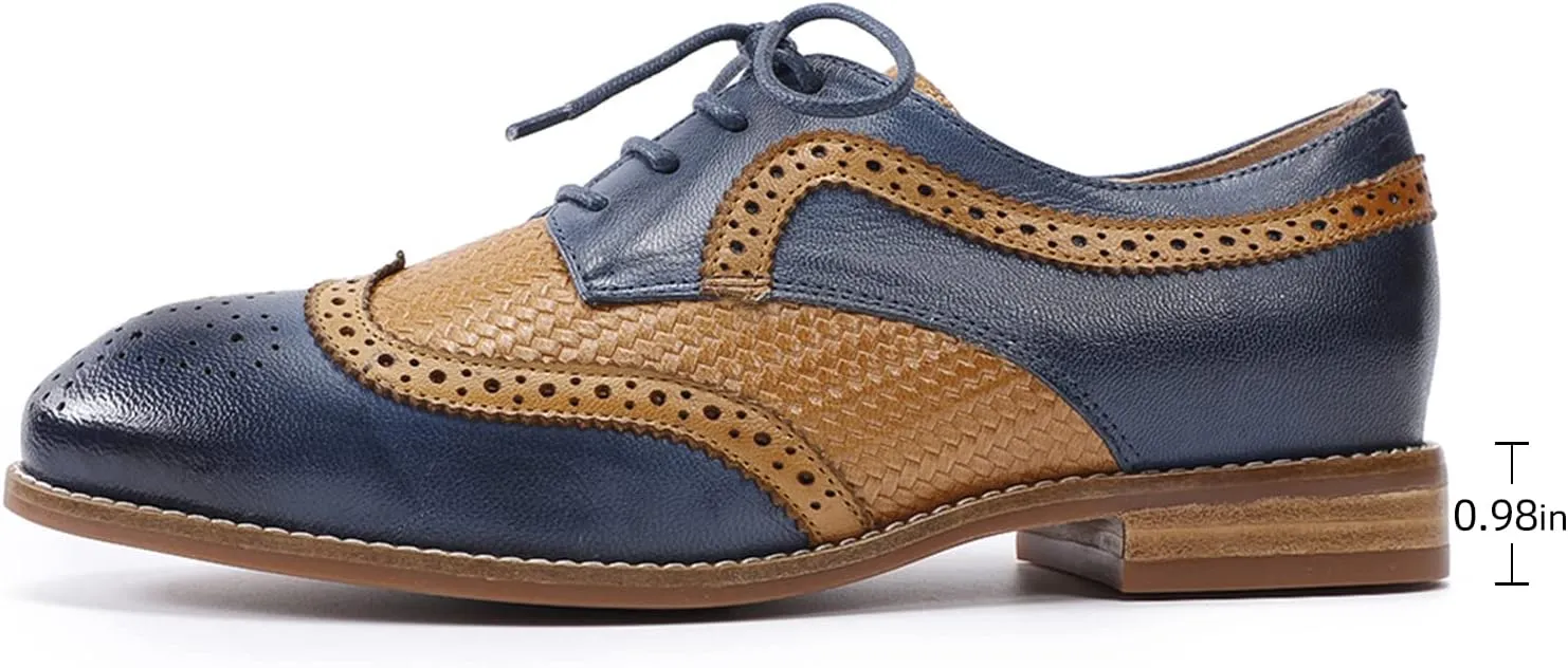 Mona flying Leather Flat Oxfords for Women Lace up Brogue Wingtips for Ladies