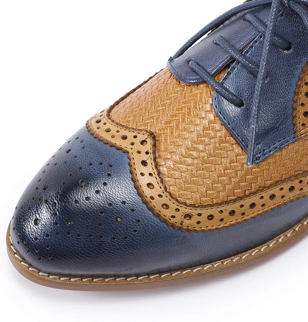 Mona flying Leather Flat Oxfords for Women Lace up Brogue Wingtips for Ladies