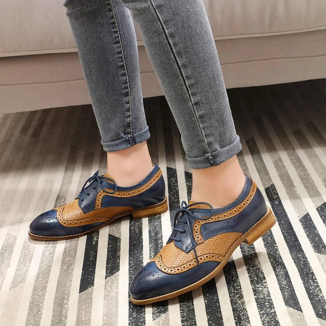 Mona flying Leather Flat Oxfords for Women Lace up Brogue Wingtips for Ladies