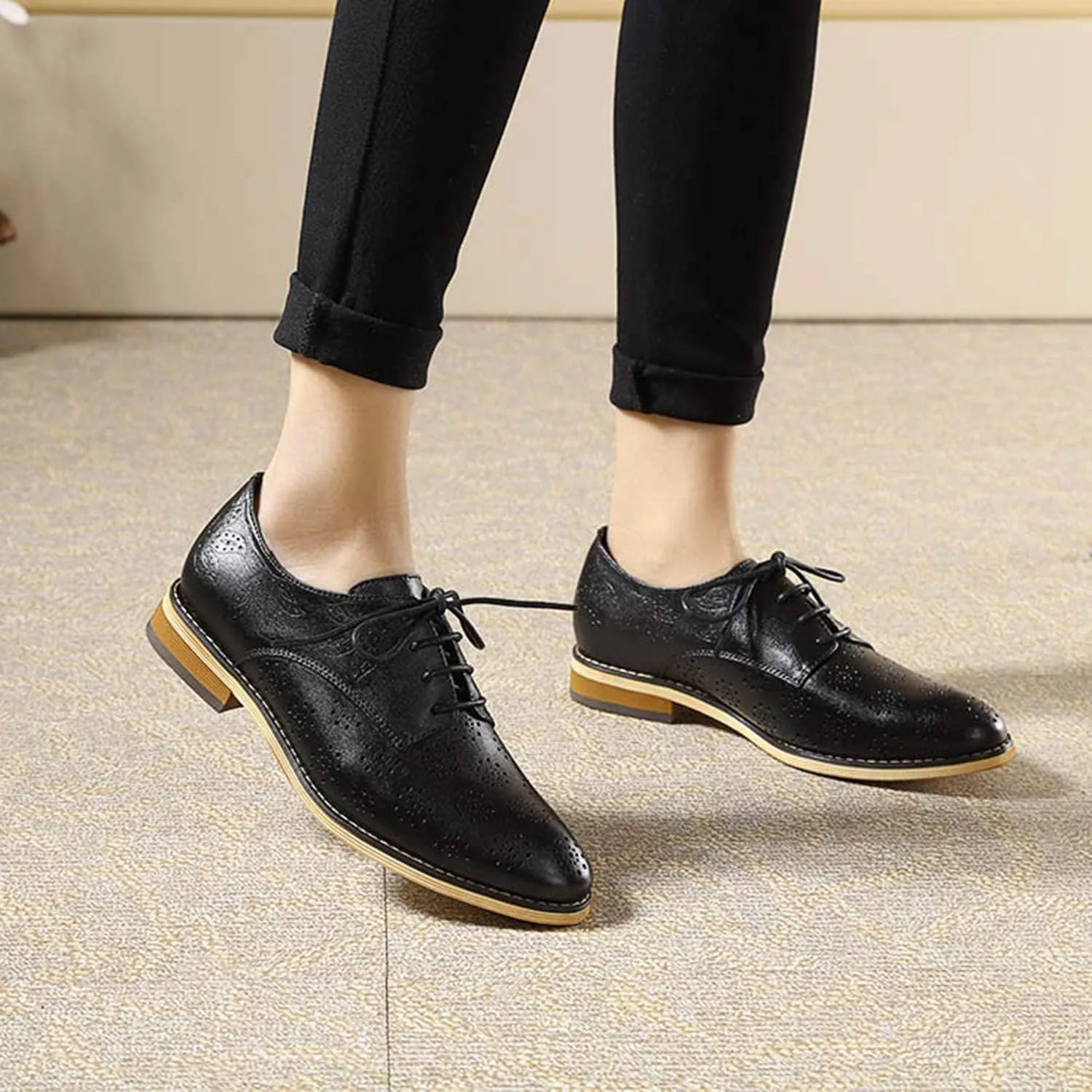 Mona flying Women's Printed Oxfords Brogue Derby Ladies Lace up Leather Shoes