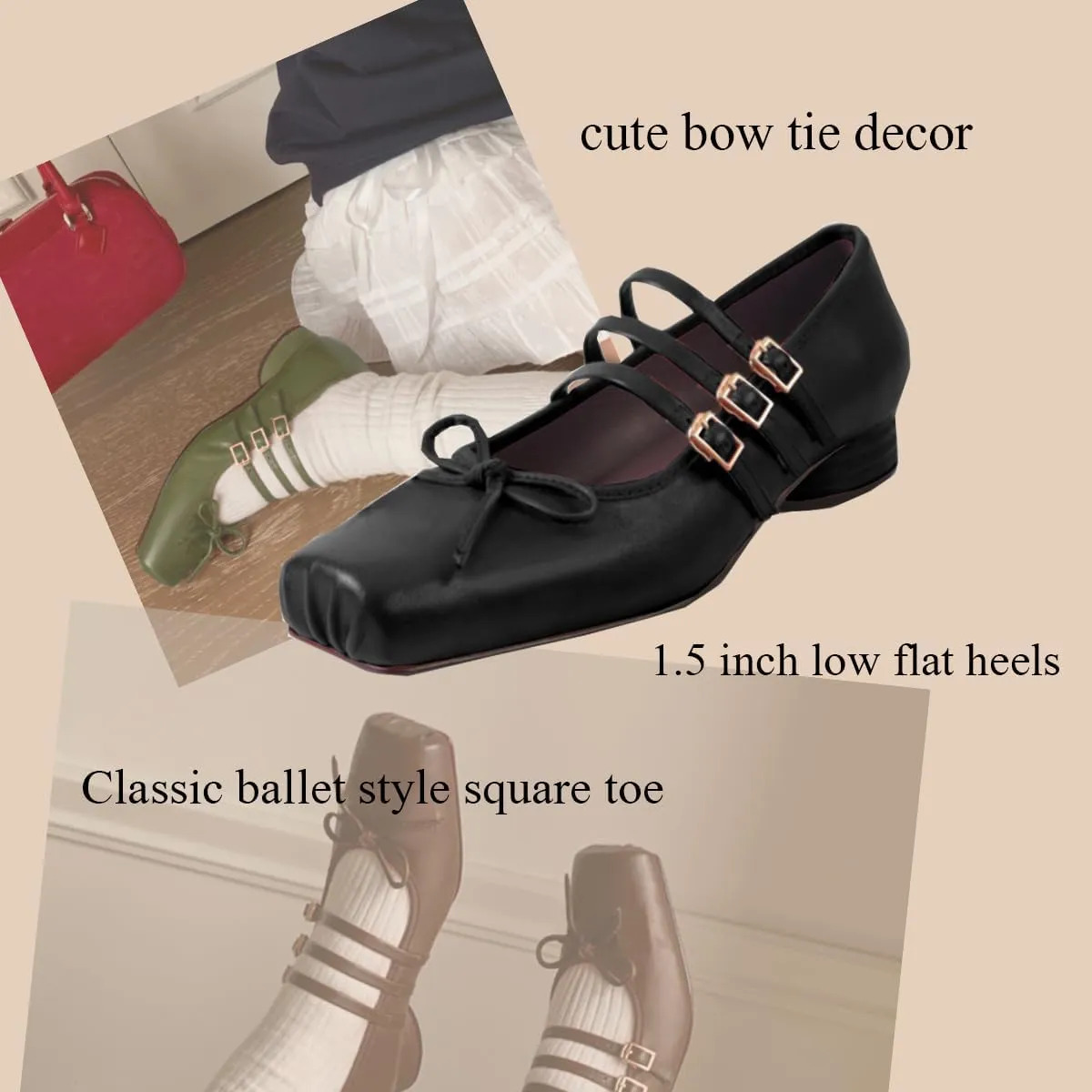 MOOMMO Women Ballet Flats Bow Square Toe Dress Flats Ankle Strap Comfort Flat Heel Ballet Shoes Triple Strap Cute Retro Walking Bow Flat Shoes Party Street Spring Fall 4-11 M US