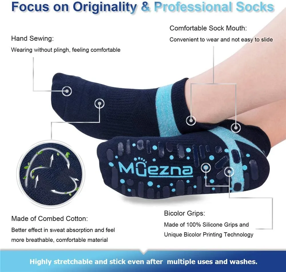 Muezna Non Slip Yoga Socks for Women, Anti-Skid Pilates, Barre, Hospital Socks with Grips, Size 5-10