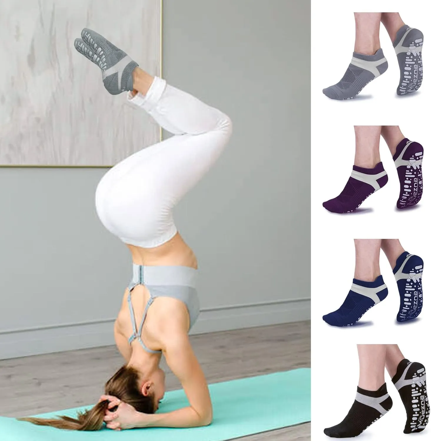 Muezna Non Slip Yoga Socks for Women, Anti-Skid Pilates, Barre, Hospital Socks with Grips, Size 5-10
