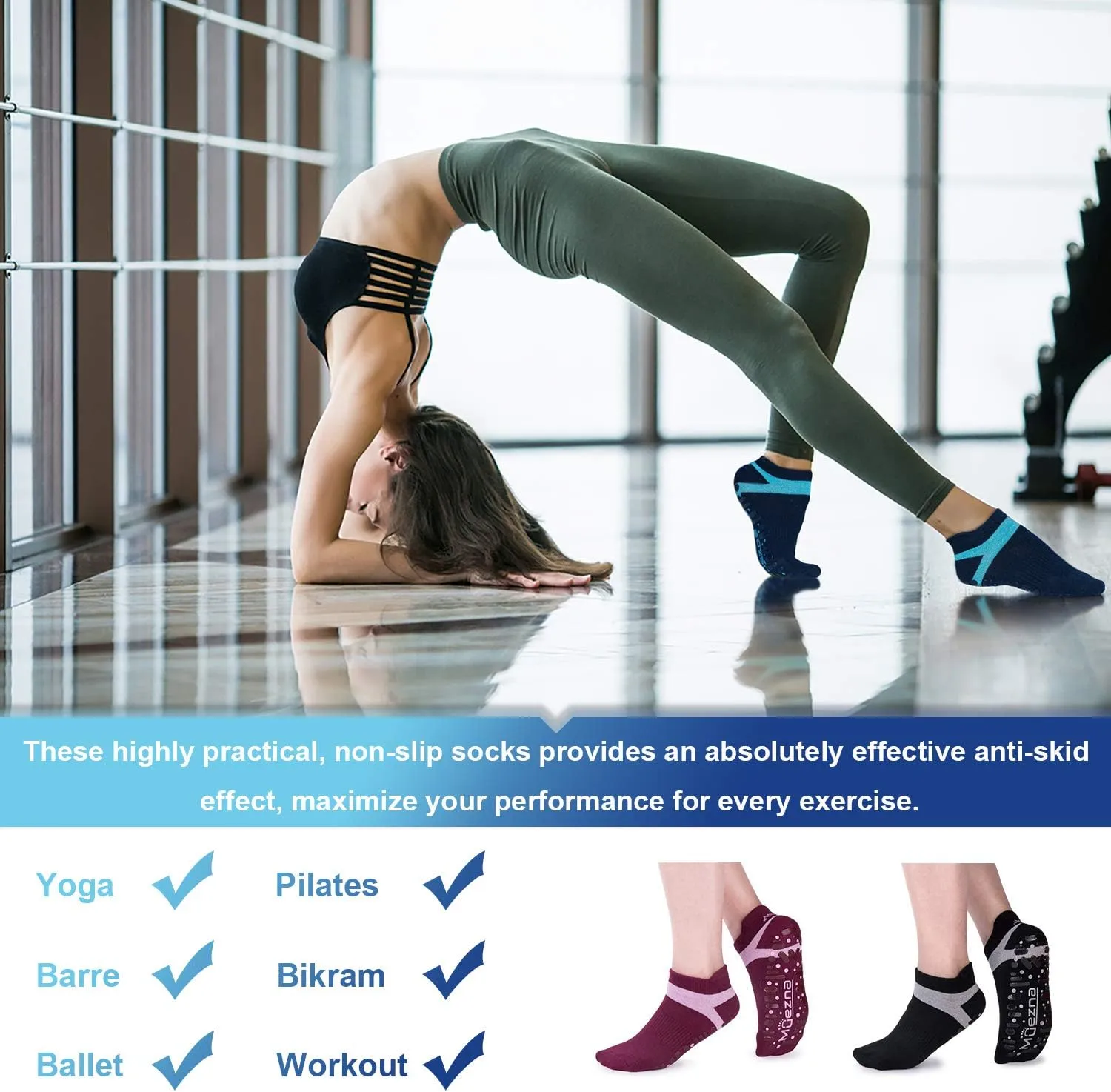 Muezna Non Slip Yoga Socks for Women, Anti-Skid Pilates, Barre, Hospital Socks with Grips, Size 5-10