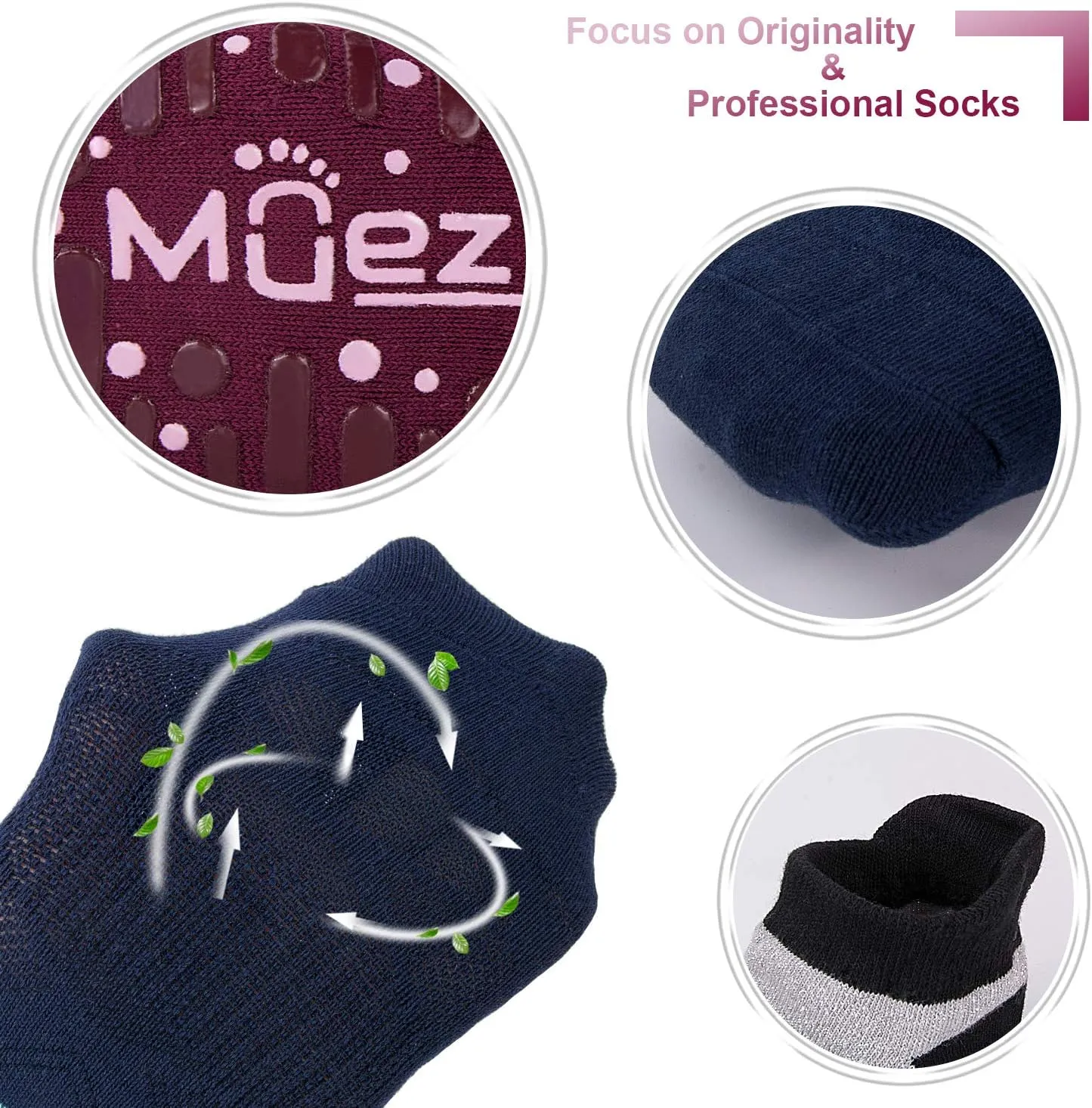 Muezna Non Slip Yoga Socks for Women, Anti-Skid Pilates, Barre, Hospital Socks with Grips, Size 5-10