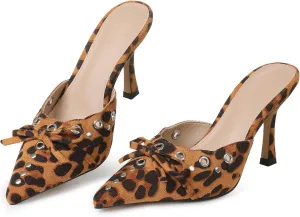 Mules for Women Black Kitten Heels Suede Closed Pointed Toe Kitten Pumps Slip On Bow Shoes Dress Sandals