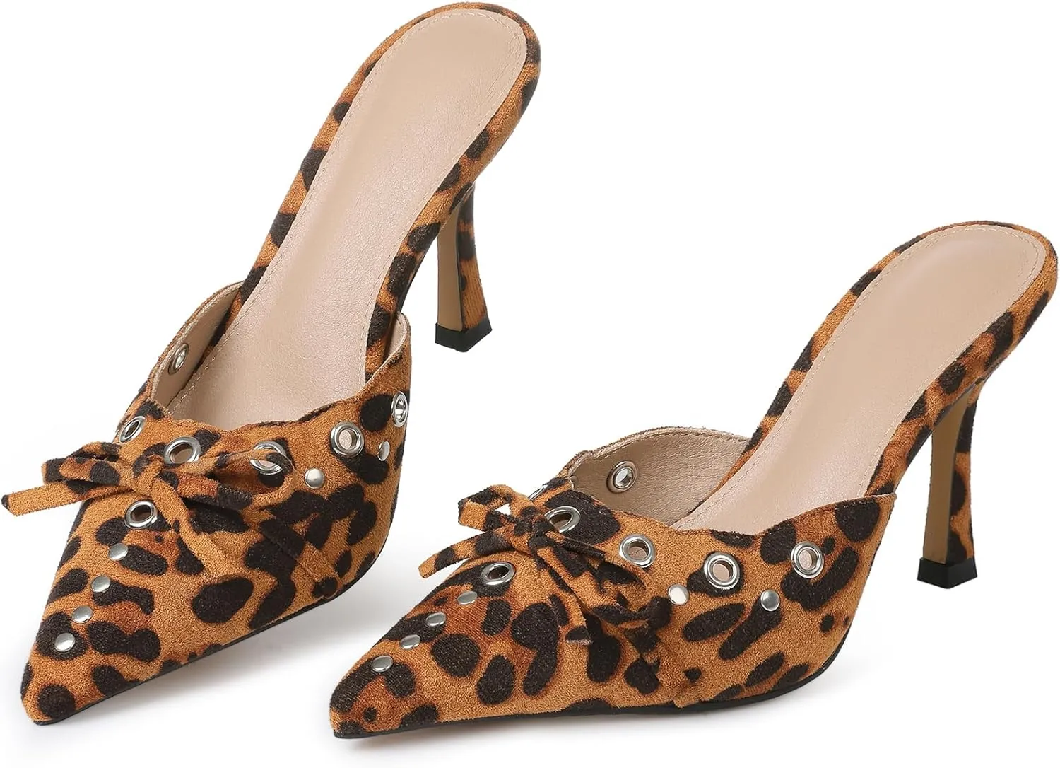 Mules for Women Black Kitten Heels Suede Closed Pointed Toe Kitten Pumps Slip On Bow Shoes Dress Sandals