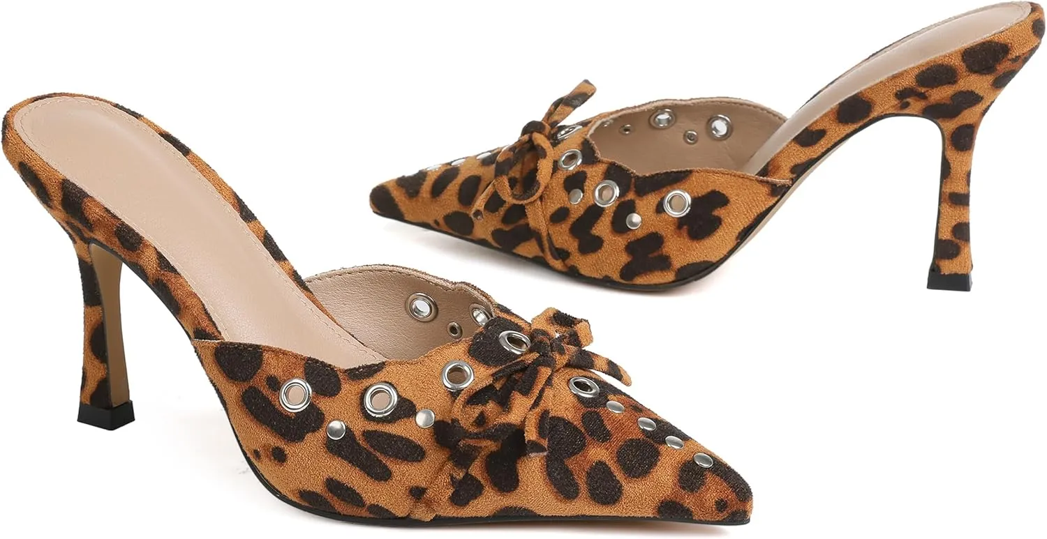 Mules for Women Black Kitten Heels Suede Closed Pointed Toe Kitten Pumps Slip On Bow Shoes Dress Sandals