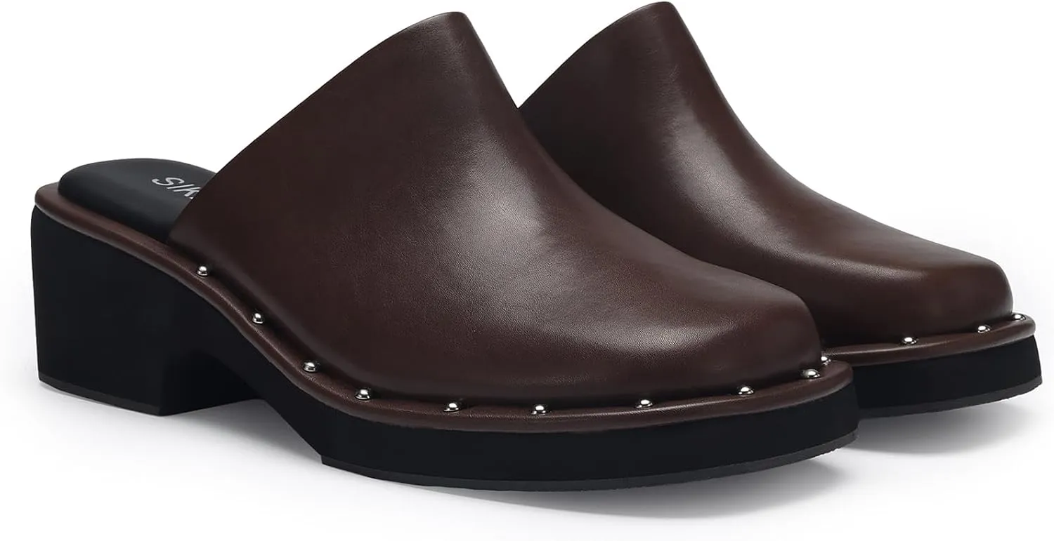 Mules for Women Clogs Chunky Block Heel Mule Square Closed Toe Slip-On Sandals with Memory Foam Padding Retro Rivet Comfort Fashion Slide Shoes