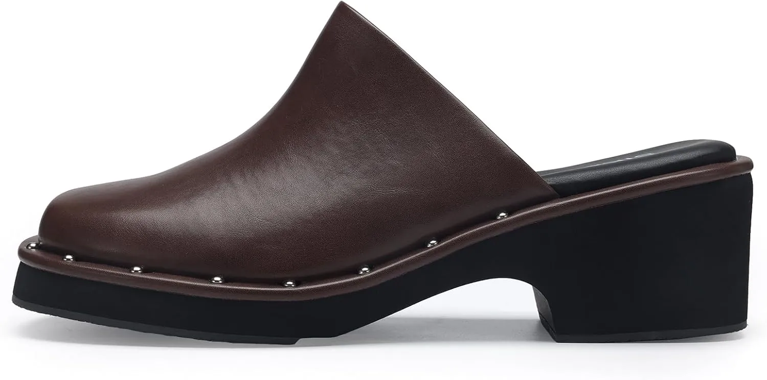Mules for Women Clogs Chunky Block Heel Mule Square Closed Toe Slip-On Sandals with Memory Foam Padding Retro Rivet Comfort Fashion Slide Shoes