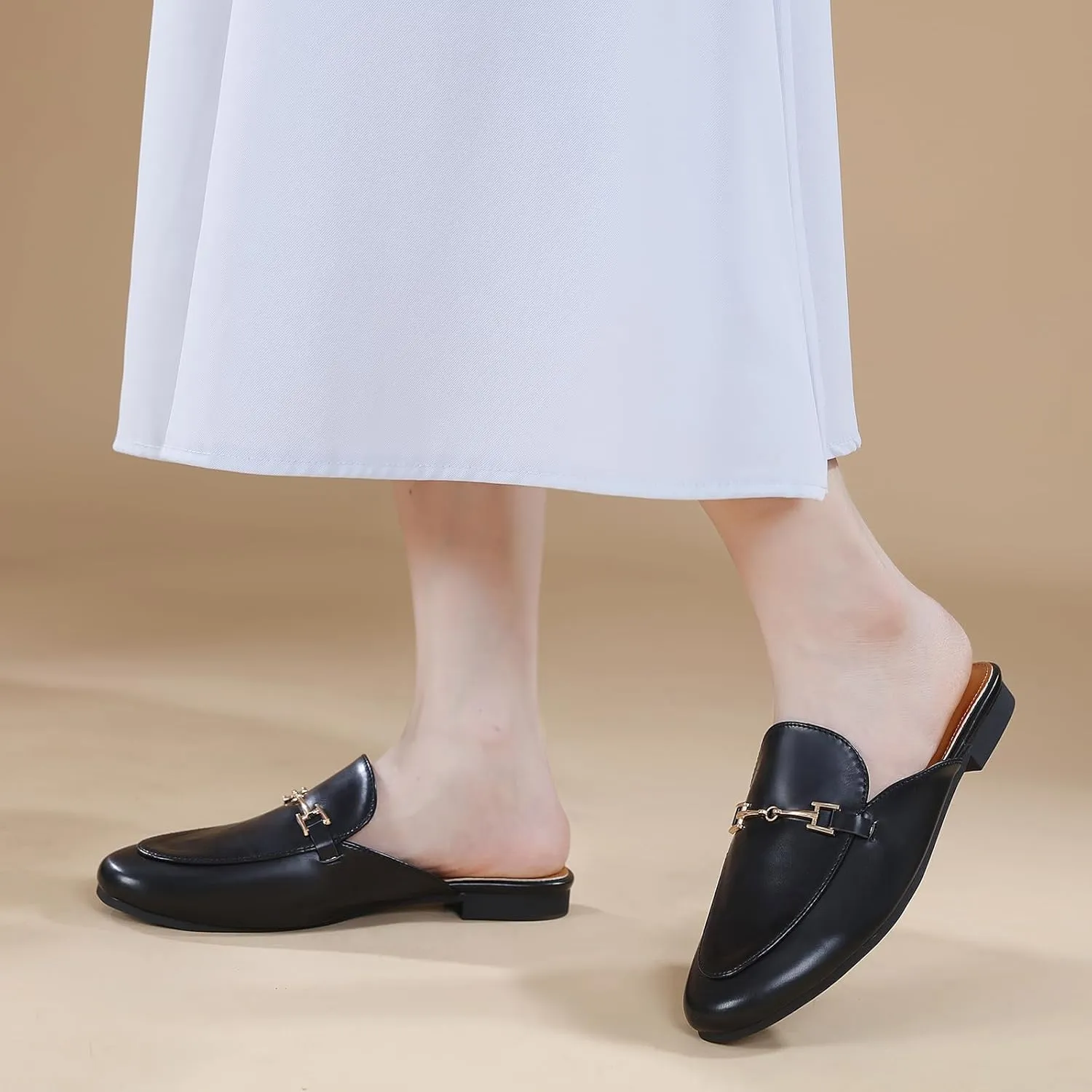 Mules for Women Flats Round Toe Womens Mules Buckle Slip on Slides Backless Loafer Shoes