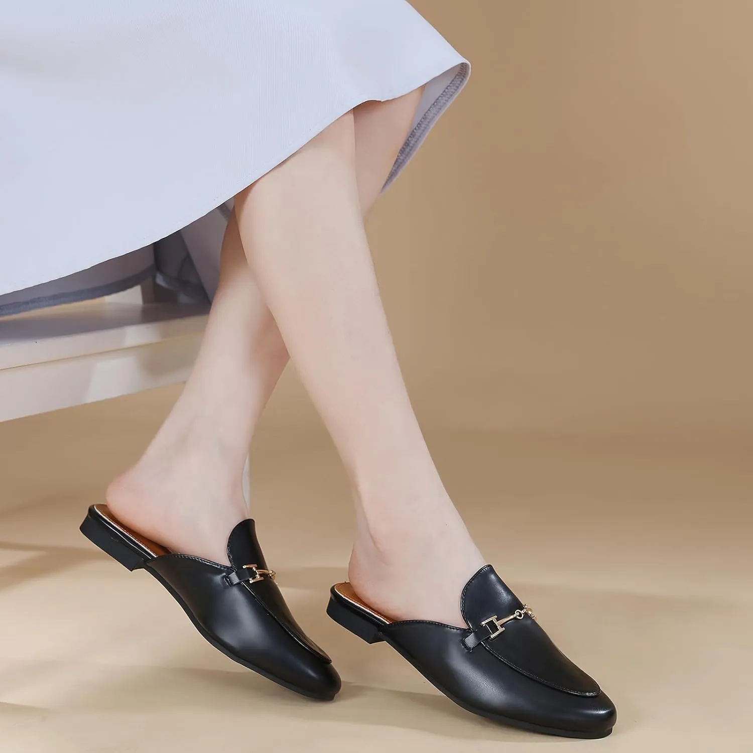 Mules for Women Flats Round Toe Womens Mules Buckle Slip on Slides Backless Loafer Shoes