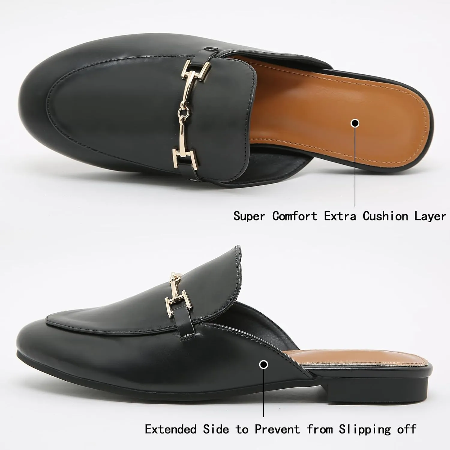 Mules for Women Flats Round Toe Womens Mules Buckle Slip on Slides Backless Loafer Shoes