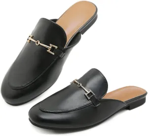 Mules for Women Flats Round Toe Womens Mules Buckle Slip on Slides Backless Loafer Shoes