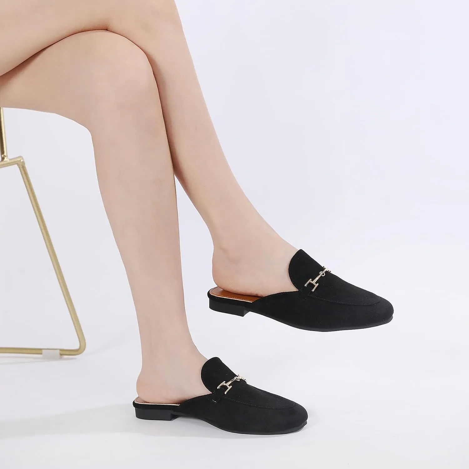 Mules for Women Flats Round Toe Womens Mules Buckle Slip on Slides Backless Loafer Shoes