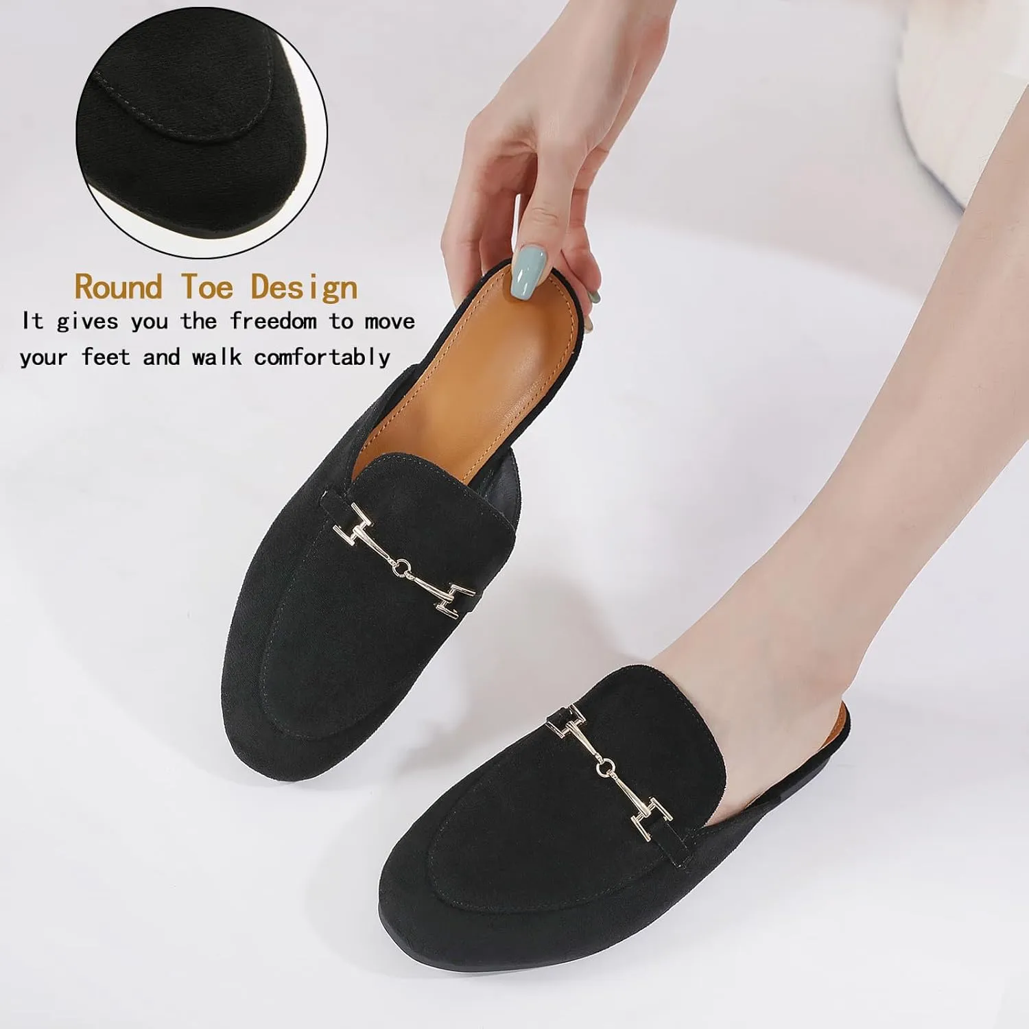 Mules for Women Flats Round Toe Womens Mules Buckle Slip on Slides Backless Loafer Shoes