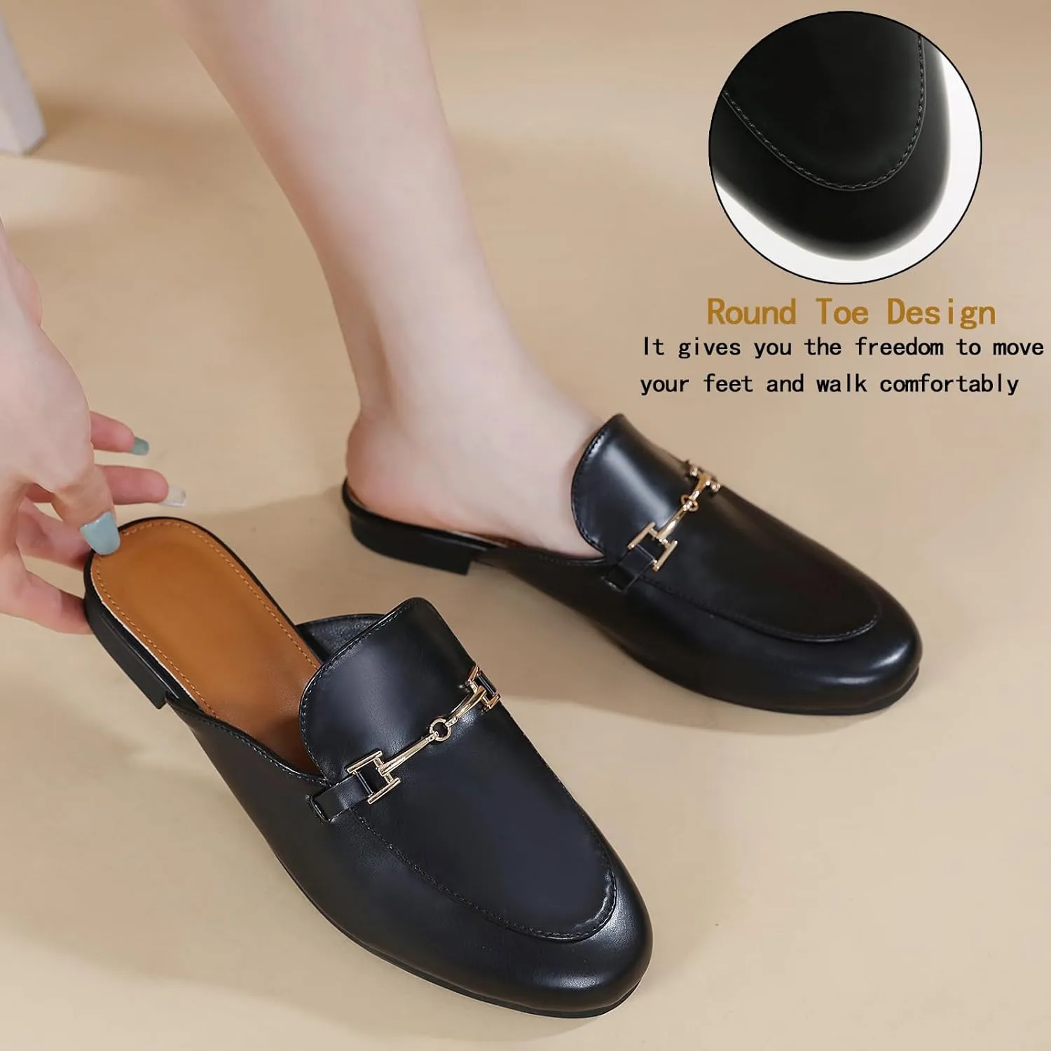 Mules for Women Flats Round Toe Womens Mules Buckle Slip on Slides Backless Loafer Shoes