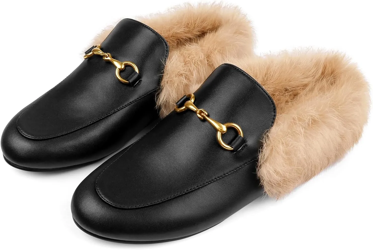 Mules for Women, Round Toe Backless Slip On Mule Flats Loafers Backless Faux Fur Slides Mules Shoes