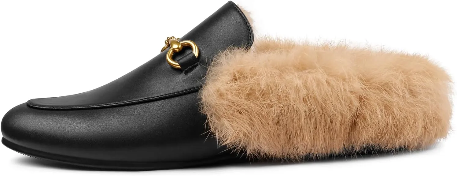 Mules for Women, Round Toe Backless Slip On Mule Flats Loafers Backless Faux Fur Slides Mules Shoes