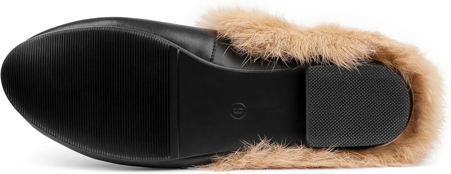 Mules for Women, Round Toe Backless Slip On Mule Flats Loafers Backless Faux Fur Slides Mules Shoes